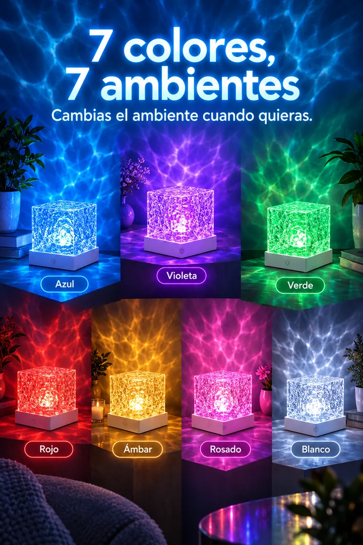 La lámpara cubo en 7 colores: azul, violeta, verde, rojo, ámbar, rosado y blanco