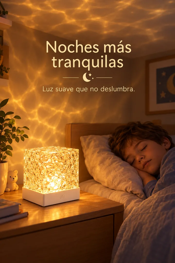 Noches más tranquilas: un niño dormido con la lámpara cubo en luz ámbar