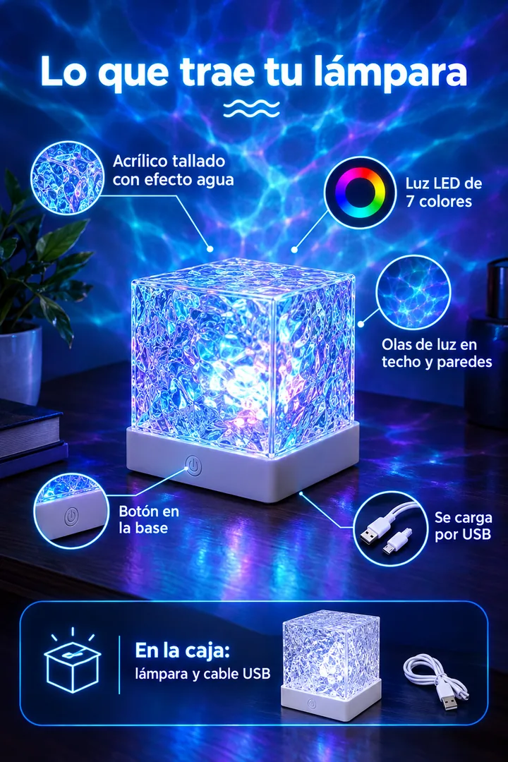 Lo que trae tu lámpara: acrílico tallado con efecto agua, luz LED de 7 colores, olas de luz, botón en la base y carga por USB