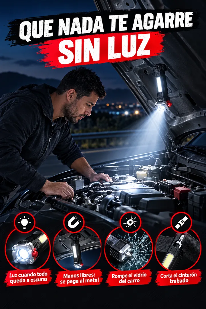 Que nada te agarre sin luz: luz cuando todo queda a oscuras, manos libres con su imán, rompe el vidrio del carro y corta el cinturón trabado