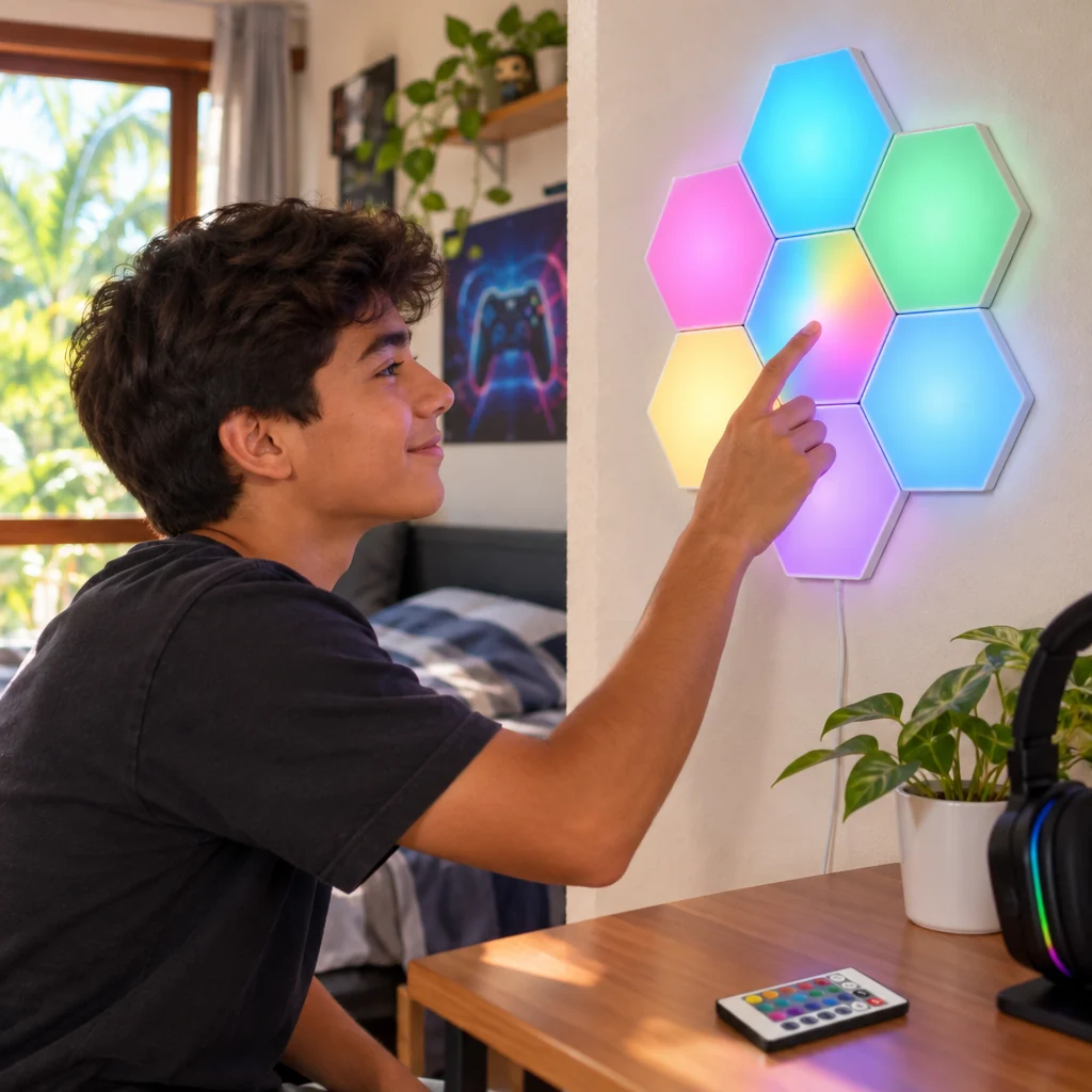 Luces hexagonales de pared en uso